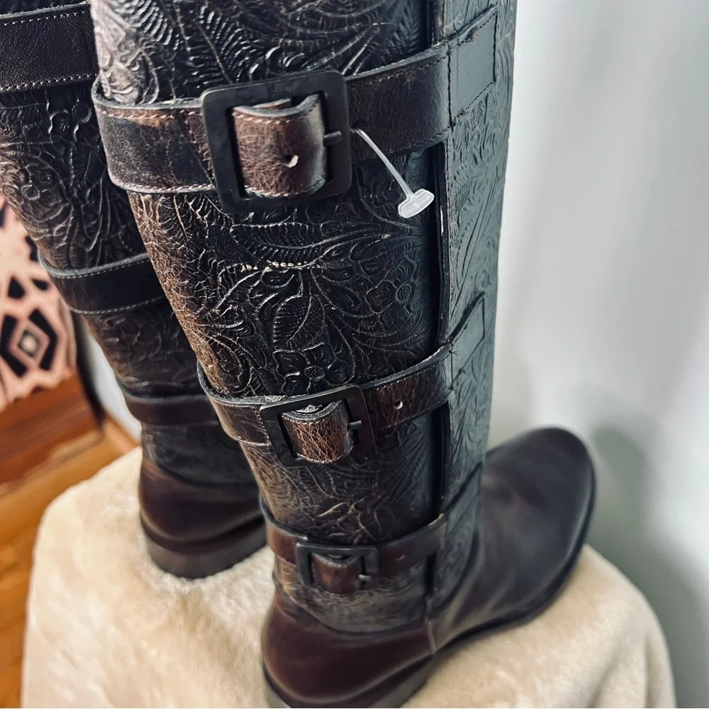 J.B. Dillon Maddie Tall Embossed Leather Harness Boots Brown Women’s 8.5B